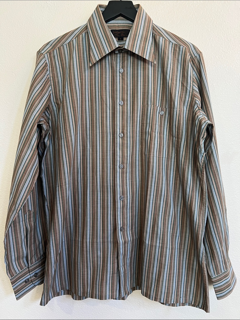 70s Vintage YSL Button-Up Long Sleeve Shirt Multi-Striped Brown/Blue Men's L